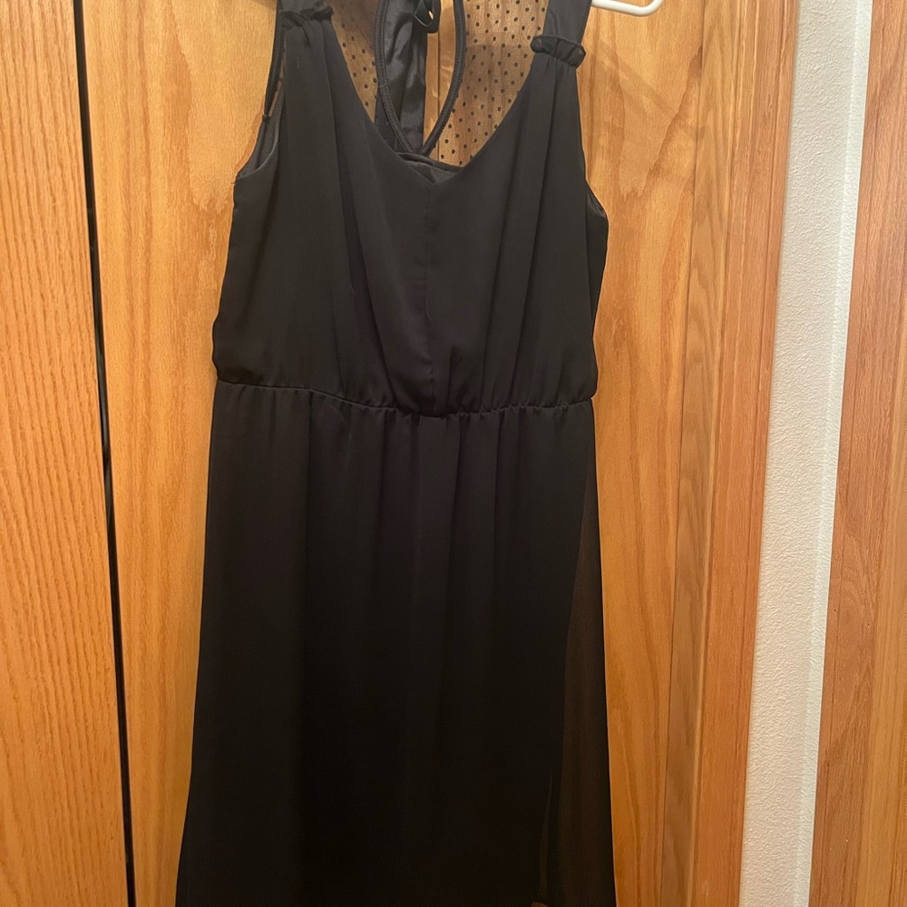 Maurice’s Black Sleeveless V-Neck Dress with Polka Dot Mesh Back